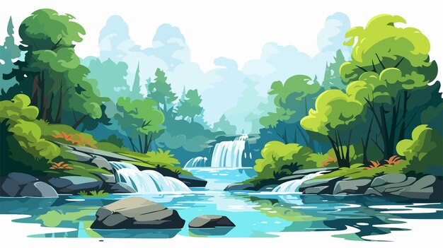 Vector serene forest waterfall flowing water vector illustration