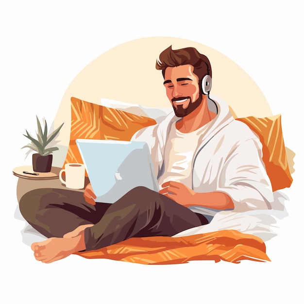 Vector serene freelancer working with laptop on bed