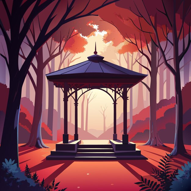 Vector a serene gazebo in a colorful forest bathed in warm light