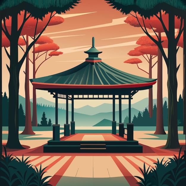 Vector a serene gazebo surrounded by trees and mountains at sunset