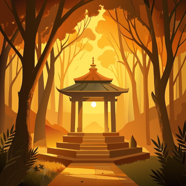 Vector a serene gazebo surrounded by trees in a warm goldenhued forest