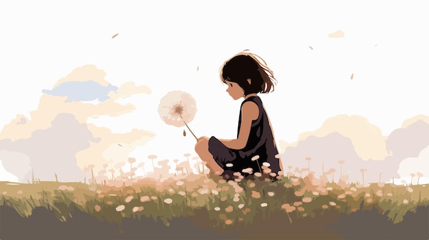 Vector serene girl sitting in a dandelion puff field vector illustration