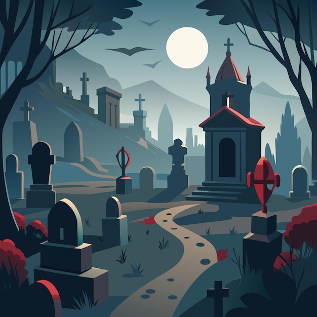 Vector a serene graveyard scene under a full moon with tombstones and trees