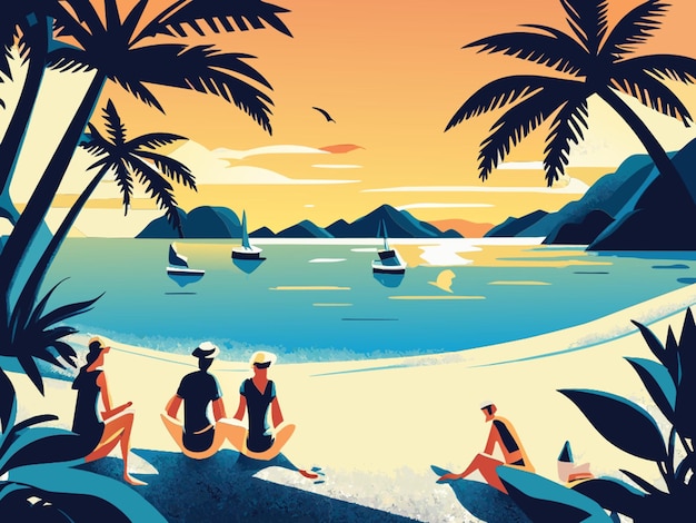 serene illustration of people enjoying the beach vector illustration flat 2