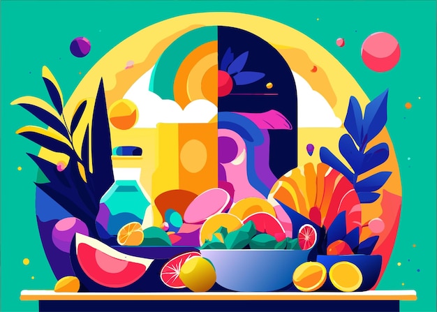 Vector a serene image featuring elements of nature meditation and healthy foods emphasize the