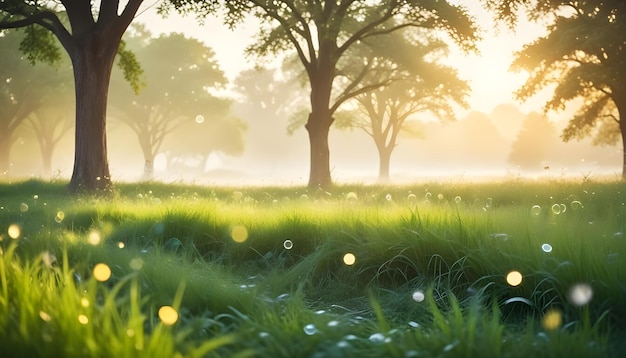 Vector a serene landscape featuring a grassy field with trees in the background the sun shines through it