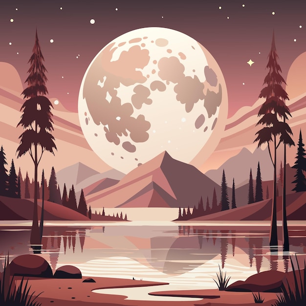 Vector serene landscape featuring a large moon mountains and a calm lake