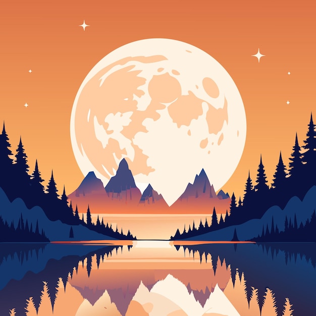 Vector a serene landscape featuring a large moon mountains and a reflective lake