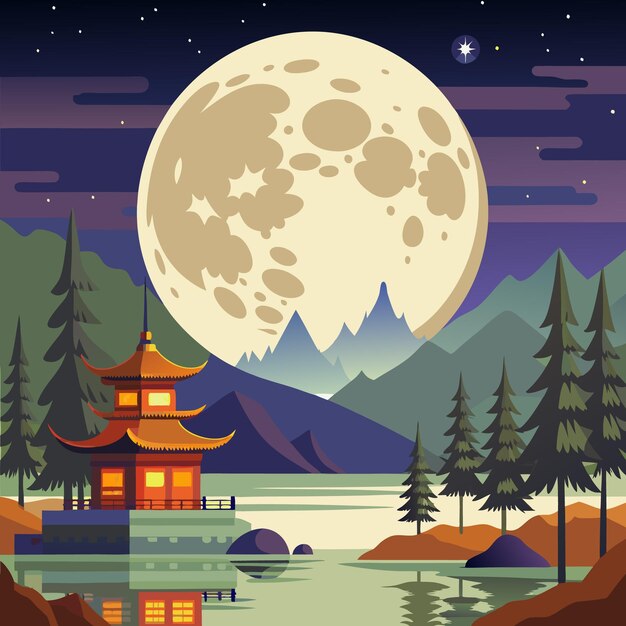 Vector a serene landscape featuring a pagoda by a lake under a full moon