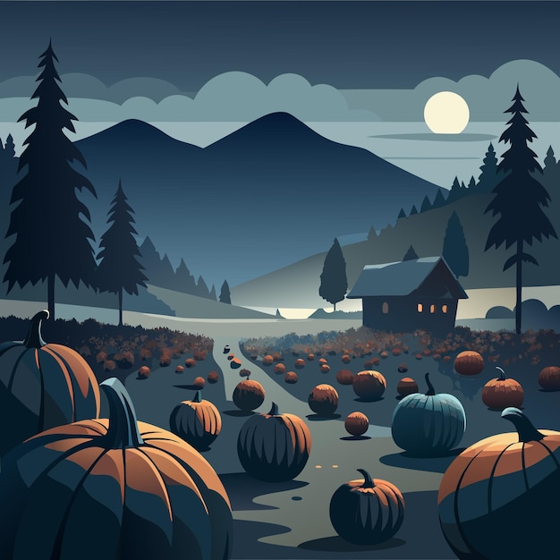 Vector a serene landscape featuring pumpkins mountains and a cozy cabin at night