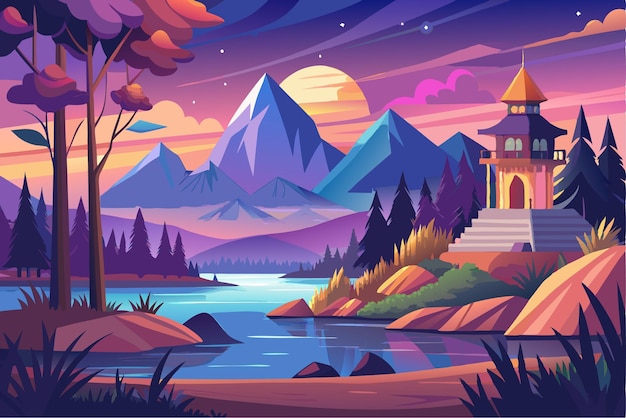 Vector a serene landscape with a mountainous backdrop a winding river and a majestic structure