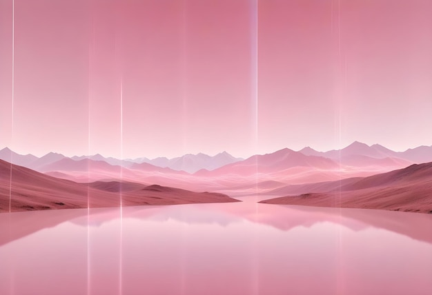 Vector a serene landscape with a pink sky mountains and a lake reflecting the skys color