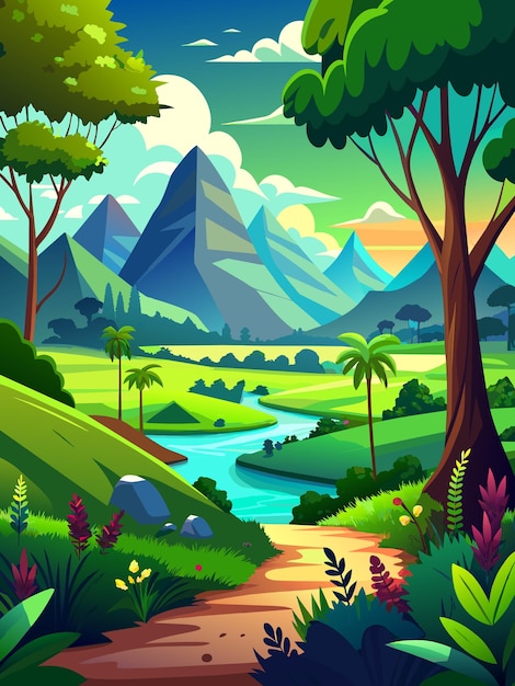 Vector serene landscape with winding river and mountain range