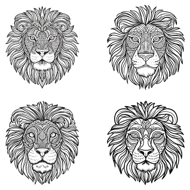 Vector serene lion face with mandala pattern on head coloring page for adults bold lines minimal detail white background