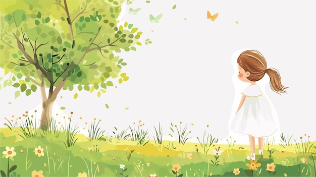 Serene Little Girl in White Outfit Enjoying Spring Park Handdrawn Illustration