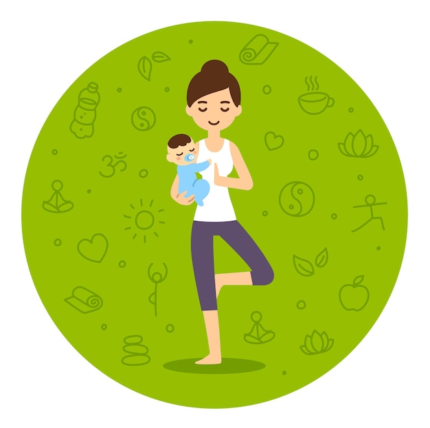 Serene looking young woman in cartoon style doing yoga while holding a cute and calm baby boy