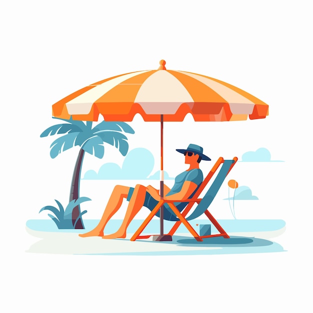 Vector serene man relaxing on sandy beach under umbrella