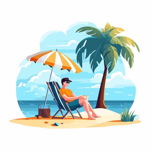 Vector serene man relaxing on sandy beach under umbrella