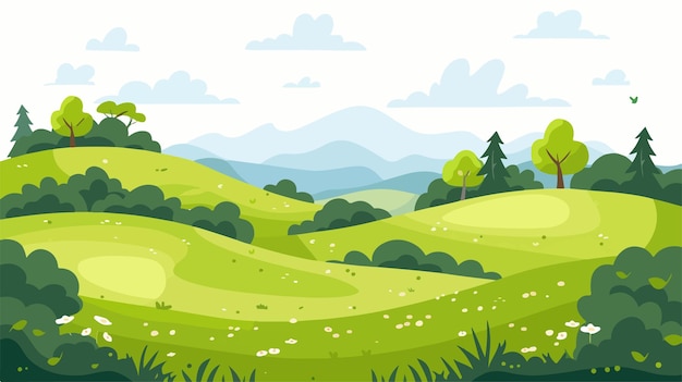 Vector serene meadows landscape with beautiful clouds in the sky flat style