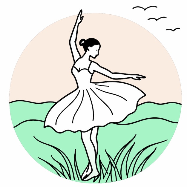 Vector a serene and minimalistic illustration of a graceful ballerina dancing on a soft green grassy