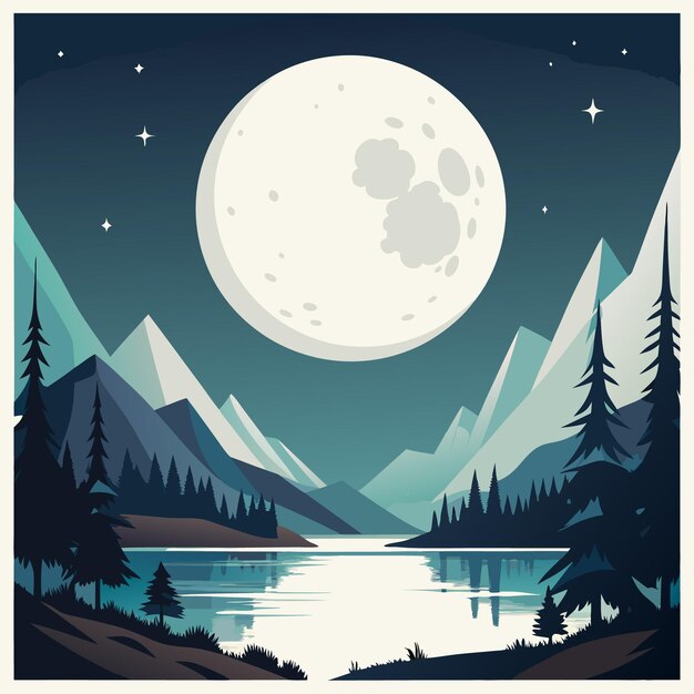 Vector a serene moonlit landscape with mountains and a reflective lake