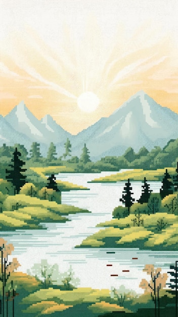 Vector serene mountain landscape painting