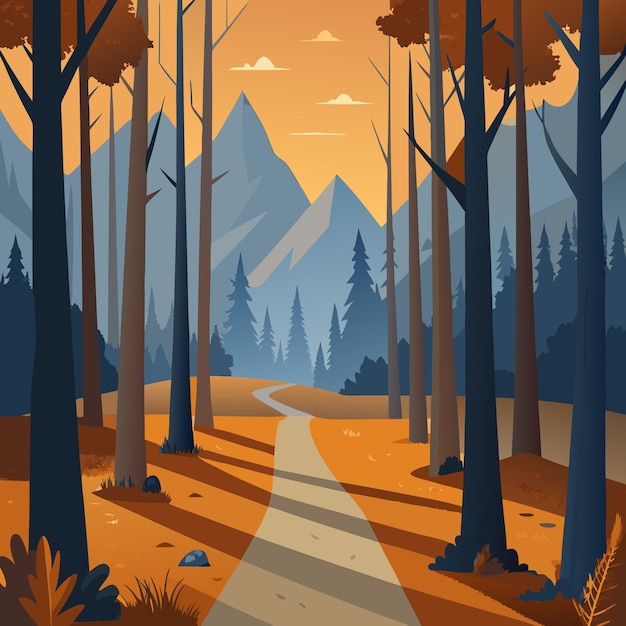 Vector a serene mountain landscape with a winding path and autumn foliage