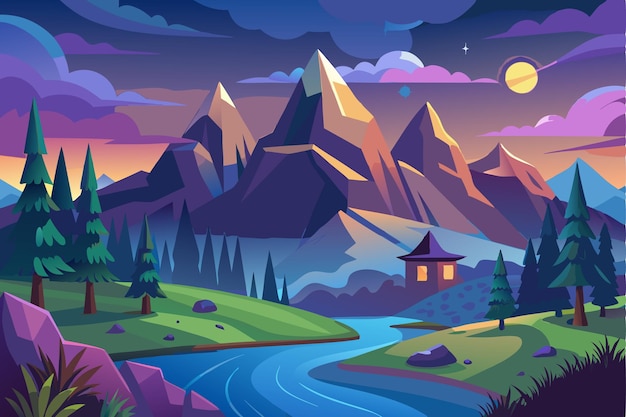 Vector serene mountain landscape with a winding river and a small house