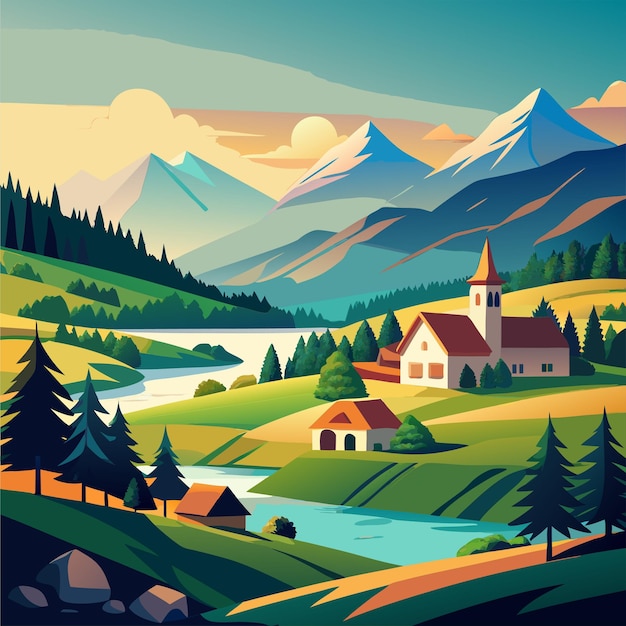 Vector serene mountain landscape with winding river and village