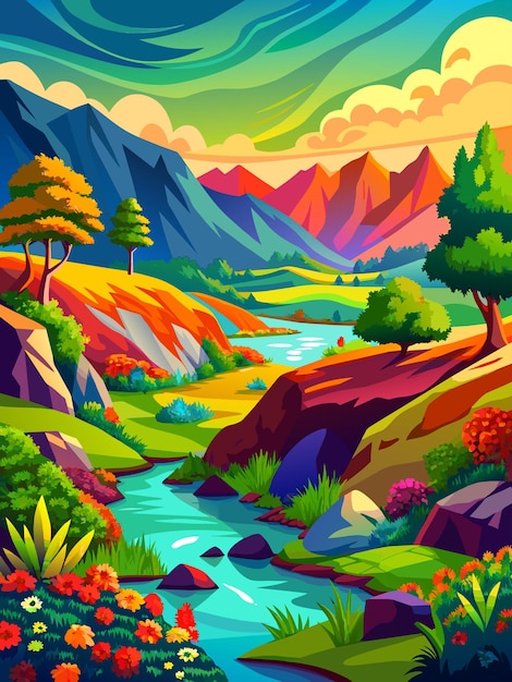 Vector serene mountain valley with winding river and colorful flora