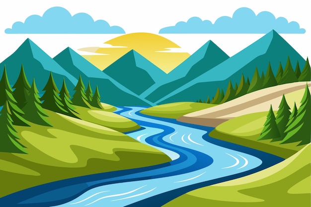 Vector a serene mountain valley with a winding river under a sunny sky