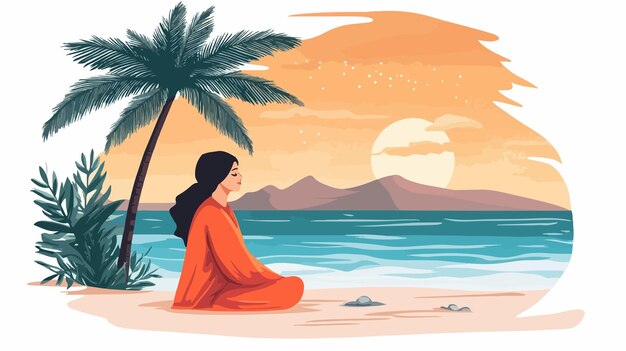 Vector serene muslim woman finding peace on beautiful seaside