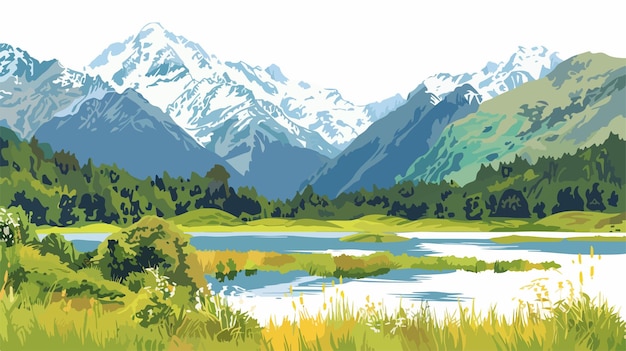 Vector serene natural landscape of new zealand alps and meadows