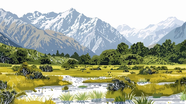 Vector serene natural landscape of new zealand alps and meadows