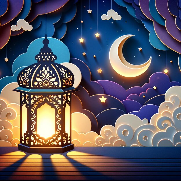 Serene night scene in paper cut art with glowing lantern