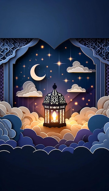 Serene night scene in paper cut art with glowing lantern