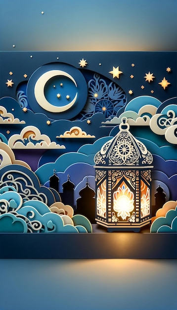 Serene night scene in paper cut art with glowing lantern