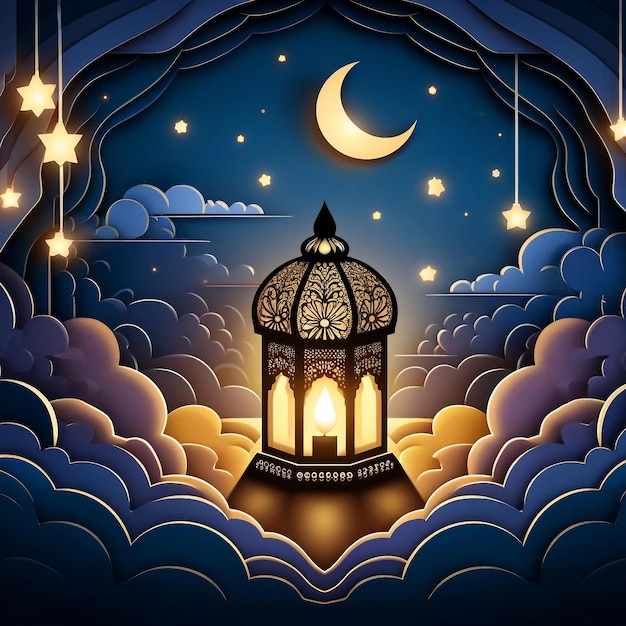 Serene night scene in paper cut art with glowing lantern