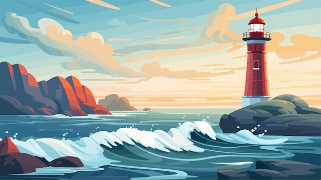 Vector serene ocean view with lighthouse illustration