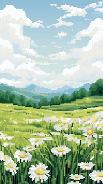 Vector serene pixelated daisy field landscape