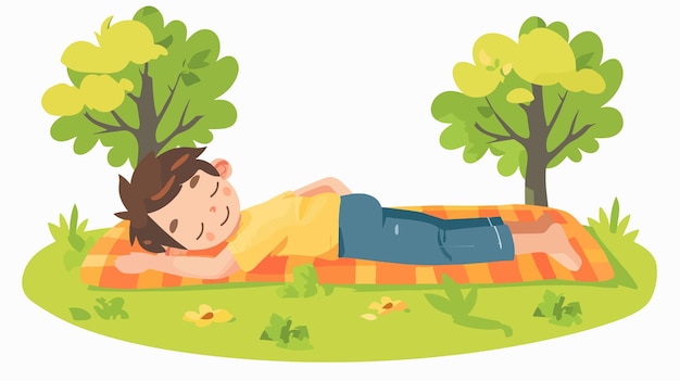 Vector serene portrait of a boy relaxing on a blanket in a green park