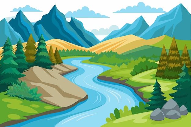 Vector serene river winding through a mountainous landscape