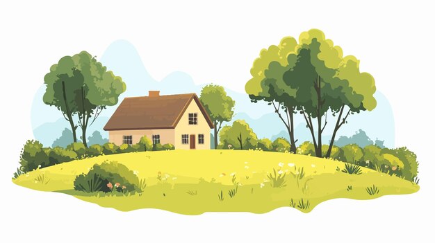 Vector serene rural landscape with charming cottage amidst nature