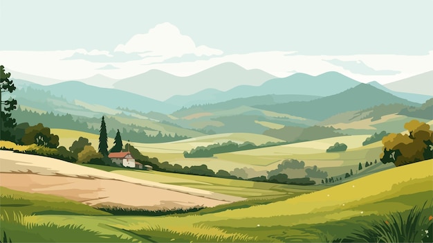 Vector serene rural landscape with rolling hills in background