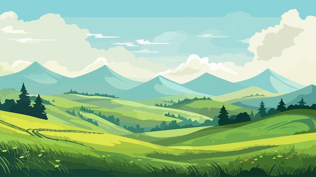 Vector serene rural landscape with rolling hills in background