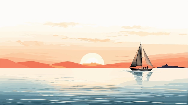 Vector serene seascape with a small sailing boat on horizon