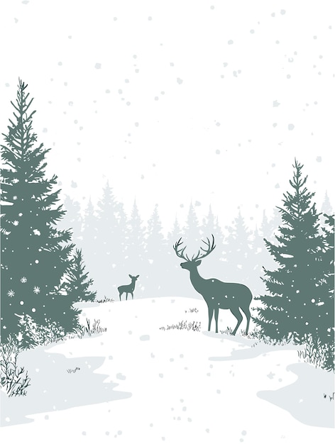 Vector serene snowy pine forest with gentle deer