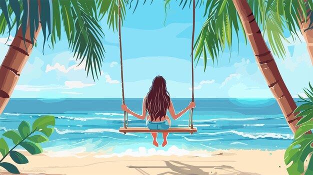 Vector serene summer beach scene young woman relaxing on swing