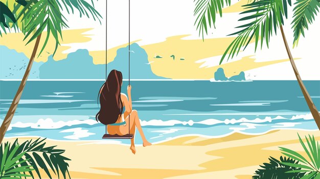 Vector serene summer beach scene young woman relaxing on swing