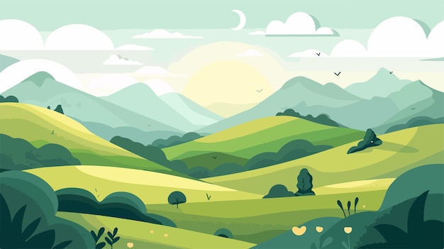 Vector serene summer mountain hills landscape with cloudy sky